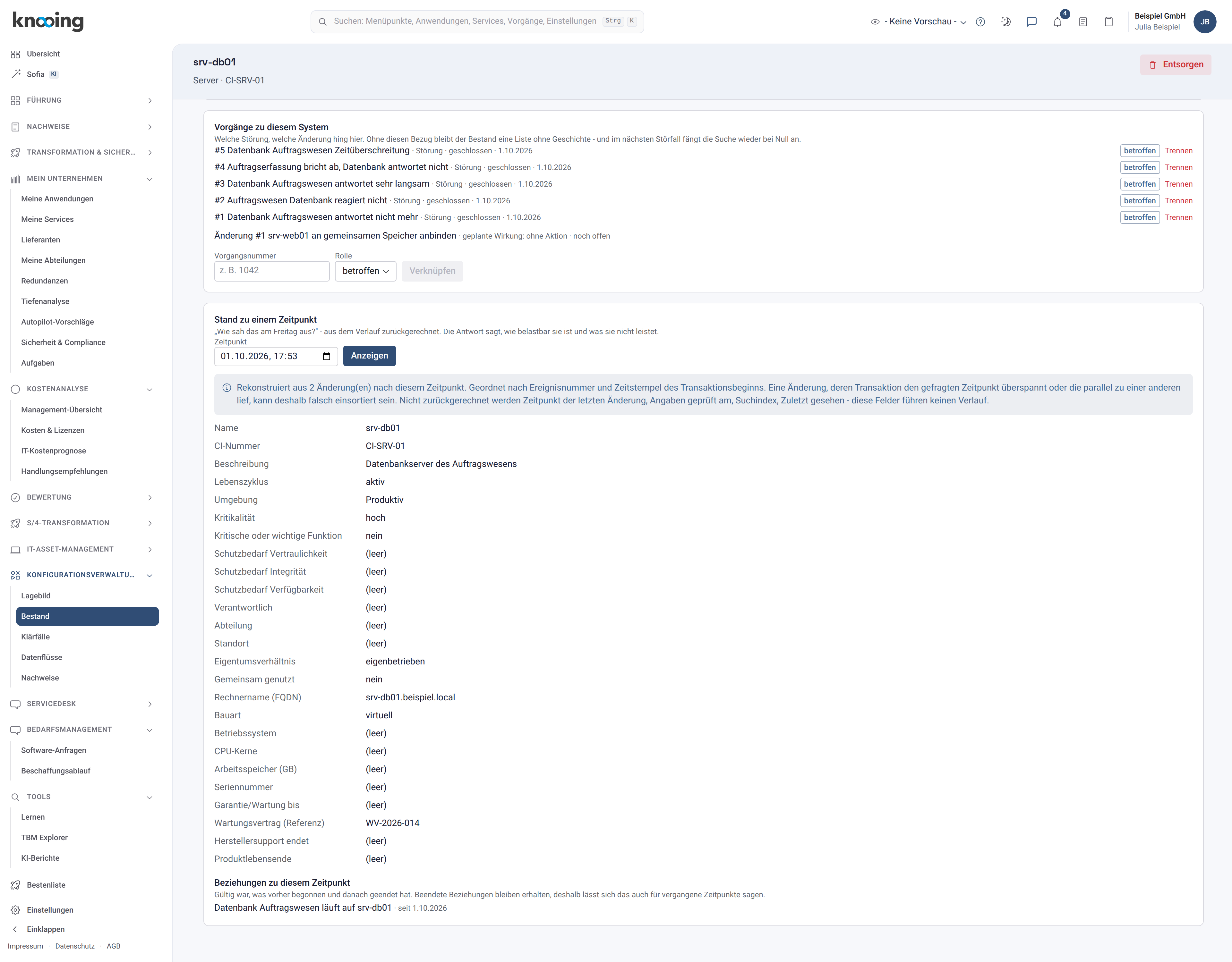 Stand von srv-db01 am 01.10.2026 um 17:53 Uhr: Kritikalität hoch, Wartungsvertrag WV-2026-014 und eine Beziehung Datenbank Auftragswesen läuft auf srv-db01