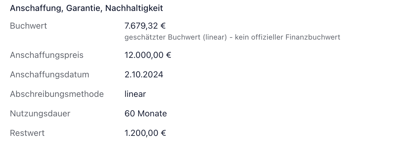 Bereich nach dem Speichern: Buchwert 7.679,32 Euro, darunter Anschaffungspreis, Anschaffungsdatum, Abschreibungsmethode, Nutzungsdauer und Restwert