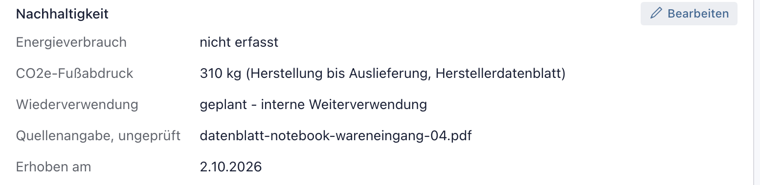 Kasten Nachhaltigkeit der Geräteseite mit CO2e-Fußabdruck 310 kg, Wiederverwendung geplant, Datenblatt als Quelle und Erhebungsdatum 2.10.2026