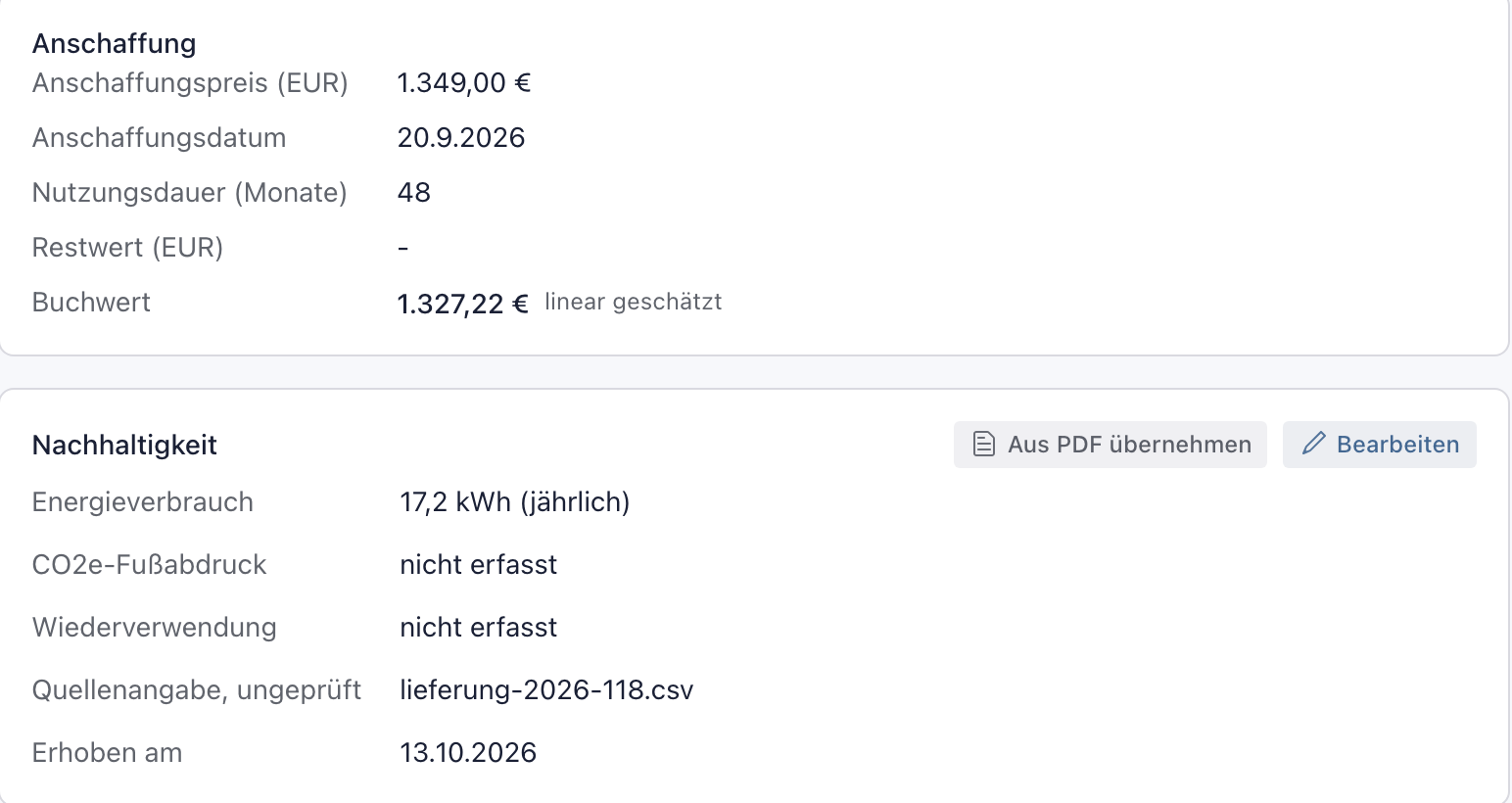 Kästen Anschaffung und Nachhaltigkeit von nb-0041 mit 1.349,00 Euro, 20.9.2026, 48 Monaten, Buchwert 1.327,22 Euro linear geschätzt, 17,2 kWh jährlich und der Quelle lieferung-2026-118.csv