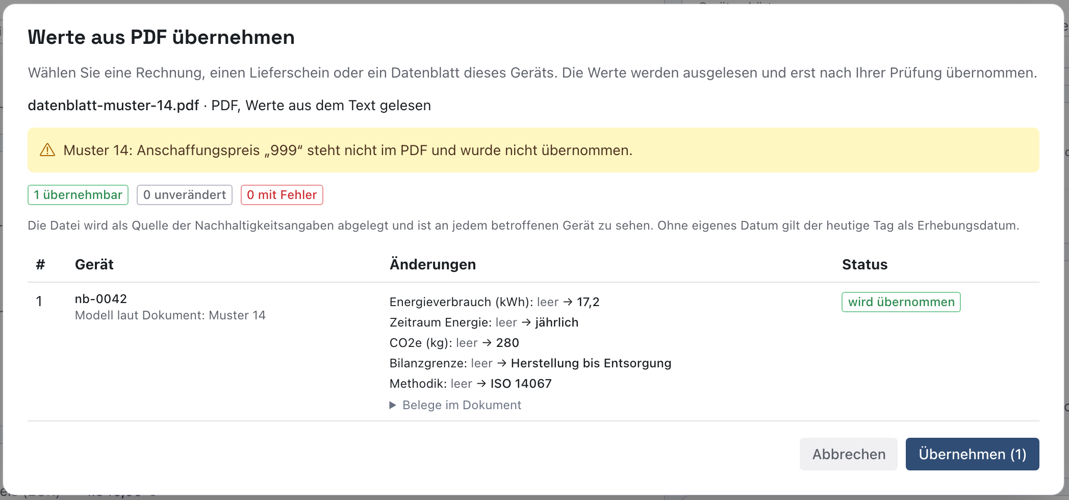 Dialog Werte aus PDF übernehmen mit dem Hinweis, dass der Anschaffungspreis 999 nicht im PDF steht, und den Änderungen Energieverbrauch 17,2, Zeitraum jährlich, CO2e 280, Bilanzgrenze und Methodik für nb-0042