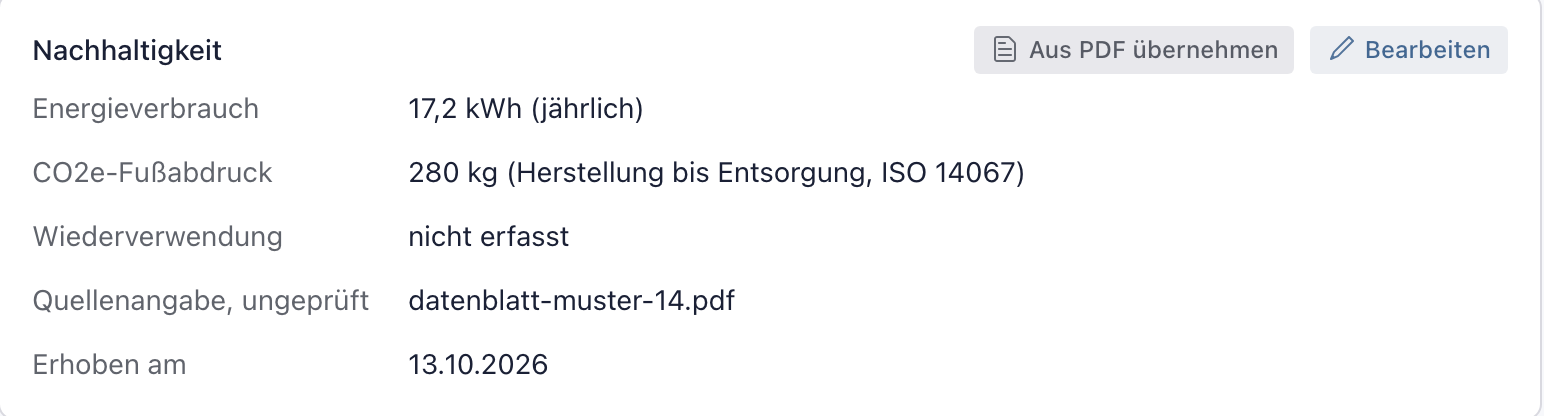 Kasten Nachhaltigkeit von nb-0042 mit 17,2 kWh jährlich, 280 kg CO2e (Herstellung bis Entsorgung, ISO 14067) und der Quelle datenblatt-muster-14.pdf