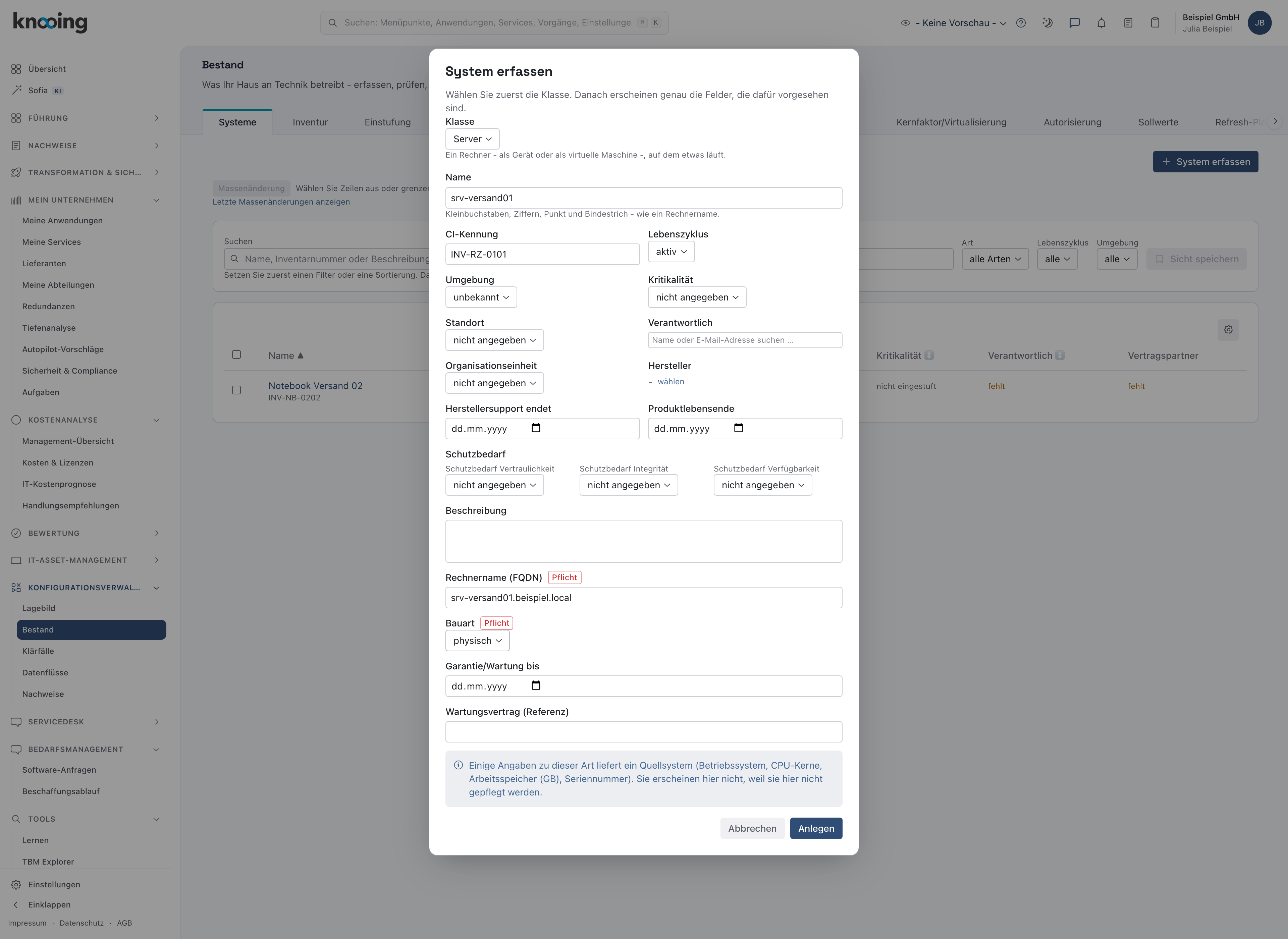 Bestand mit dem Dialog System erfassen: Klasse Server, Name srv-versand01, CI-Kennung INV-RZ-0101, Rechnername und Bauart ausgefüllt