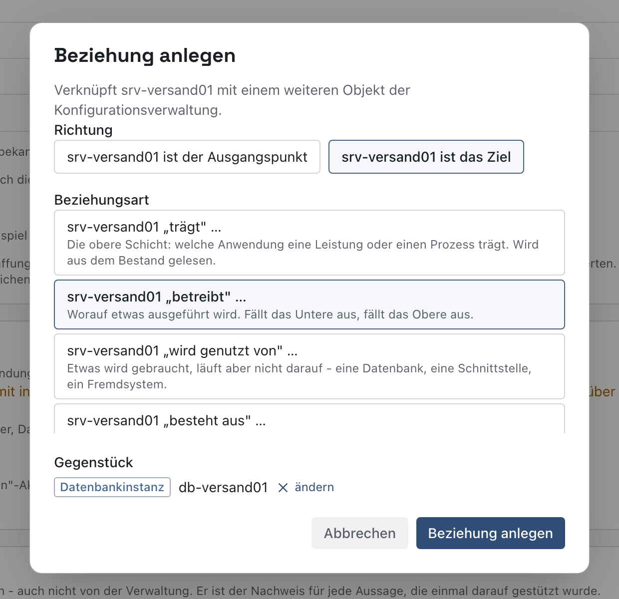 Dialog Beziehung anlegen mit der Richtung srv-versand01 ist das Ziel, der Beziehungsart betreibt und dem Gegenstück db-versand01
