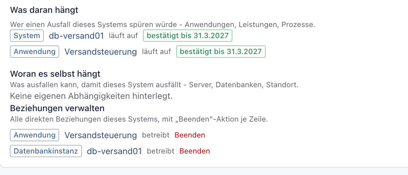 Bereich Was daran hängt mit db-versand01 und Versandsteuerung, darunter Beziehungen verwalten mit beiden Beziehungen und Beenden