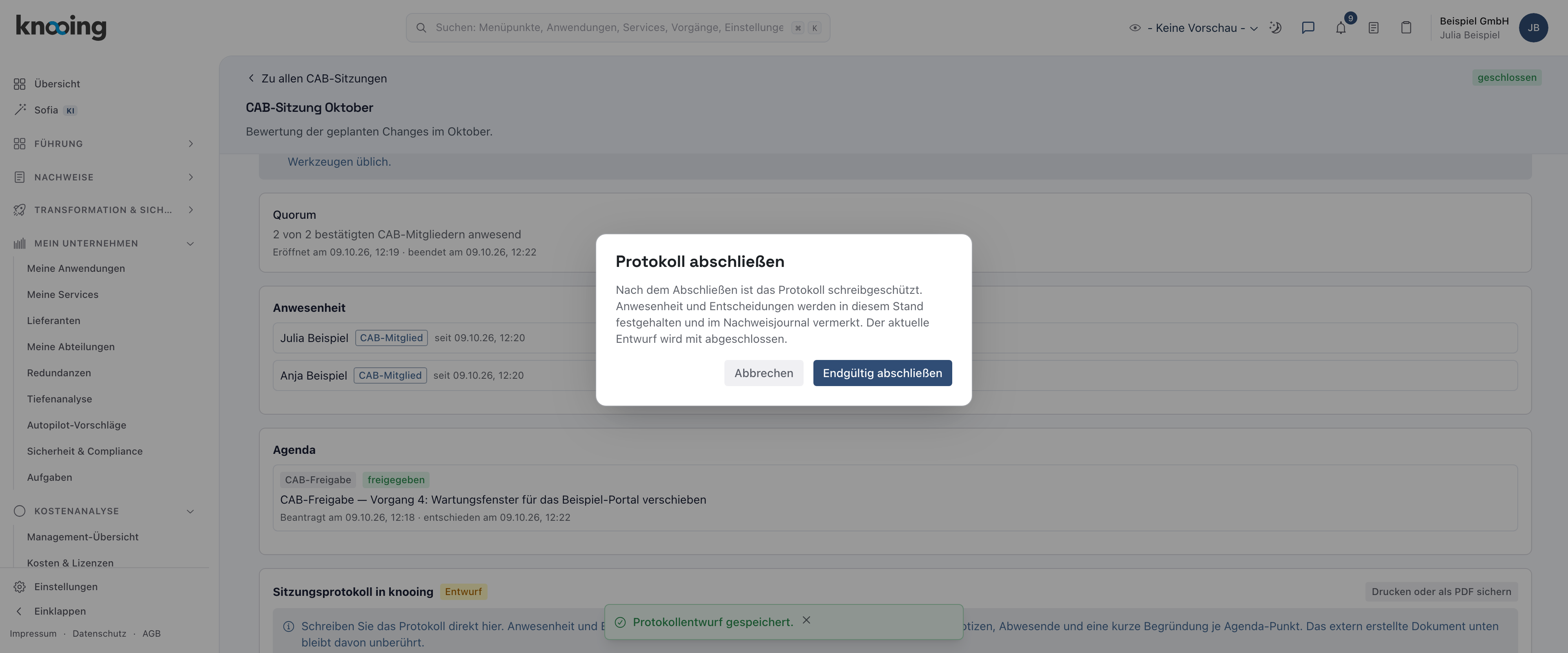 Dialog Protokoll abschließen mit dem Hinweis auf den Schreibschutz und der Schaltfläche Endgültig abschließen