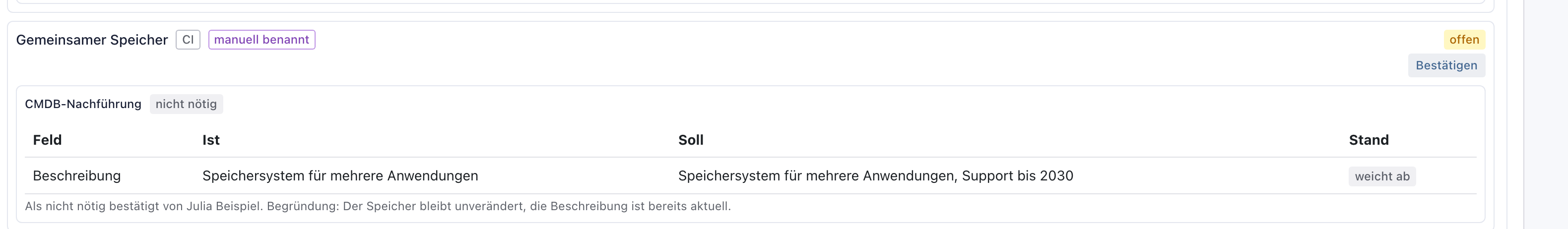Block CMDB-Nachführung mit dem Kennzeichen nicht nötig und dem Vermerk mit der Begründung