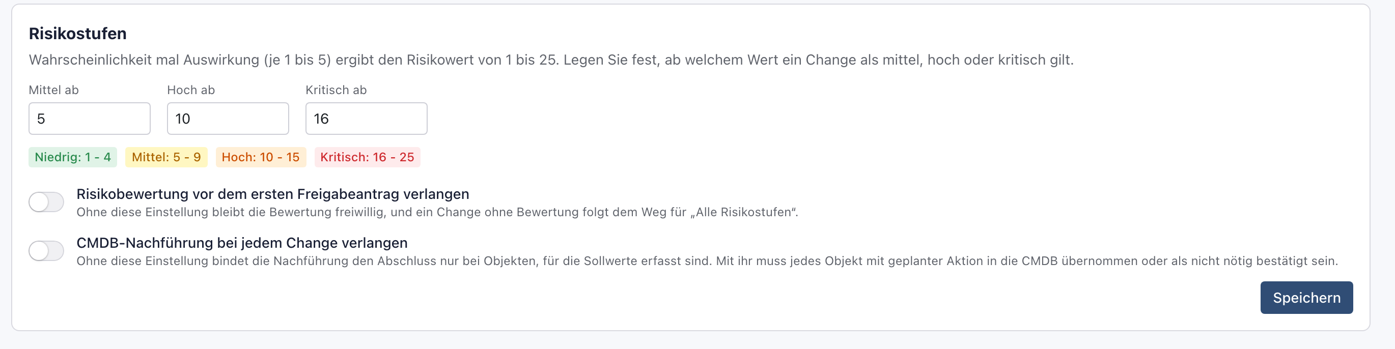 Einstellungsseite Change-Prozess mit der Option CMDB-Nachführung bei jedem Change verlangen