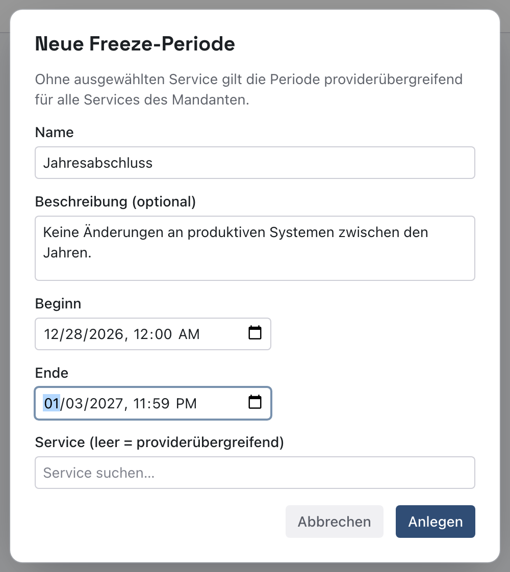 Dialog Neue Freeze-Periode mit dem Namen Jahresabschluss, einer Beschreibung, Beginn 28. Dezember 2026 und Ende 3. Januar 2027 und leerem Servicefeld