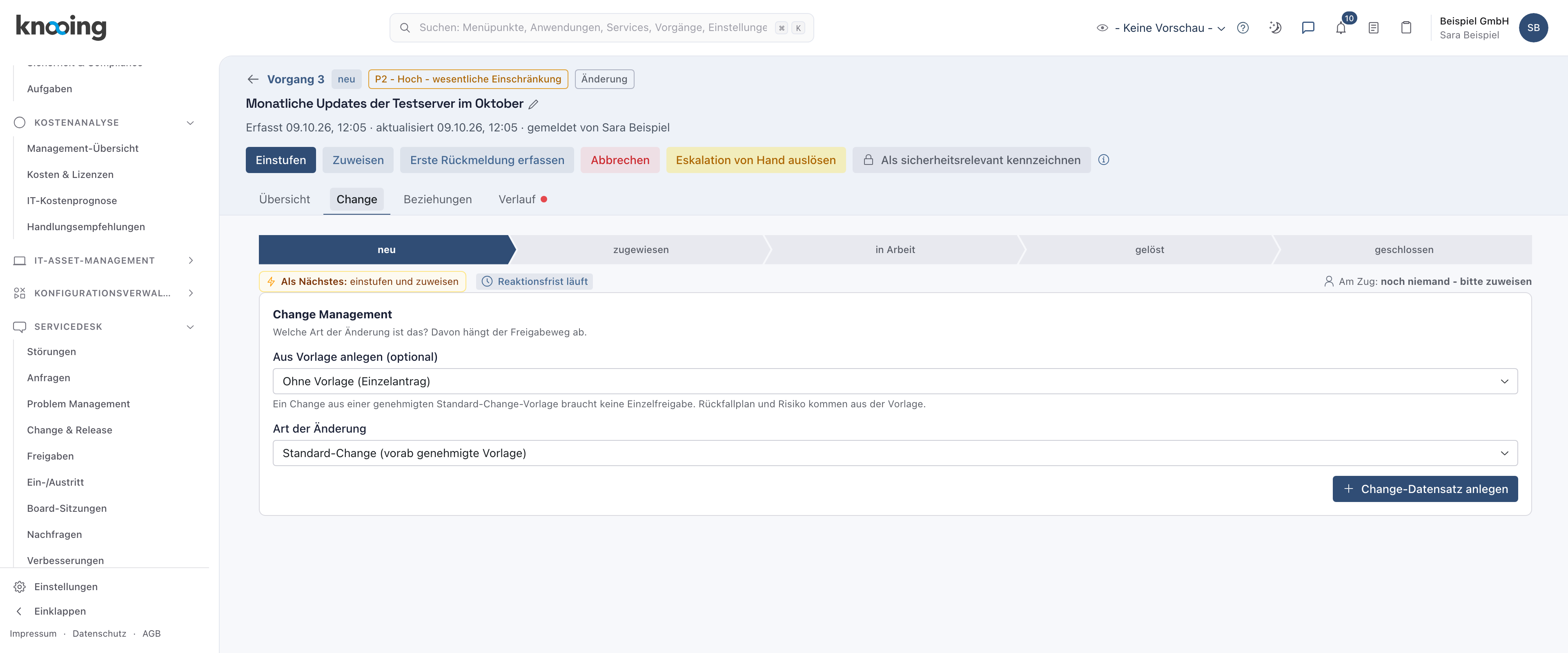 Reiter Change eines Vorgangs ohne Change-Datensatz mit der Auswahl Aus Vorlage anlegen und der Schaltfläche Change-Datensatz anlegen