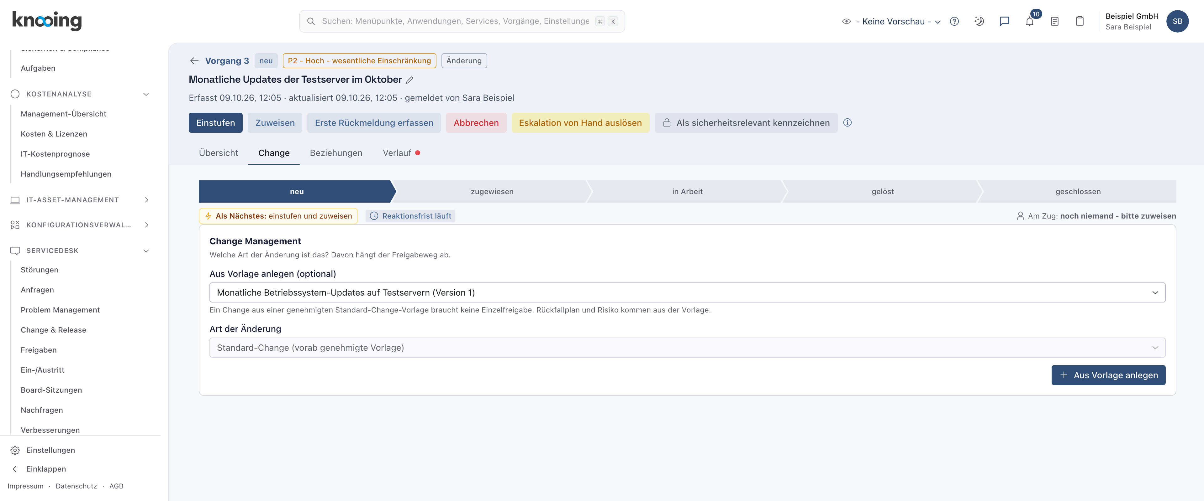 Gewählte Vorlage Monatliche Betriebssystem-Updates auf Testservern Version 1, die Art Standard-Change ist gesperrt, darunter die Schaltfläche Aus Vorlage anlegen