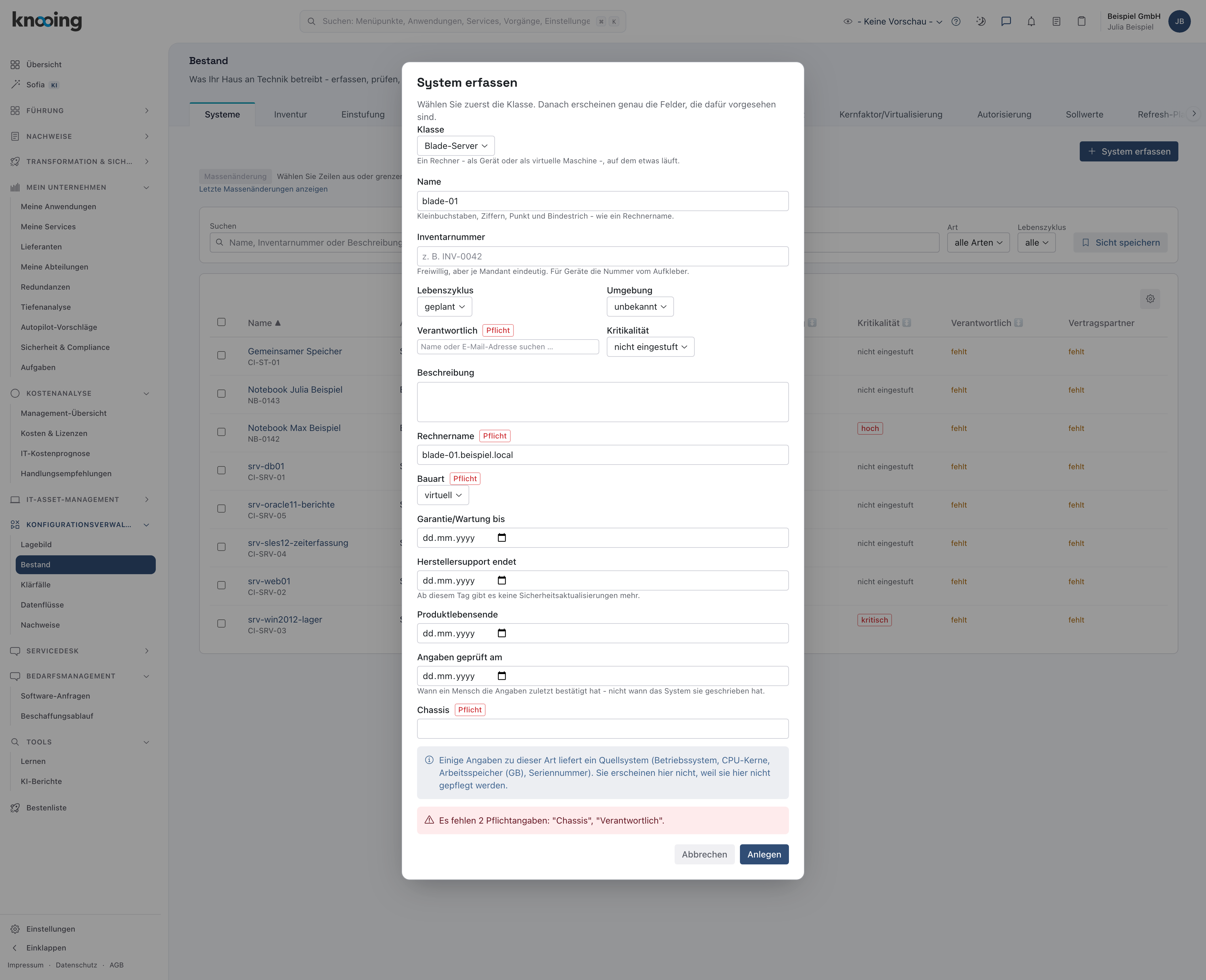 Dialog System erfassen mit der gesammelten Meldung zu den fehlenden Pflichtangaben