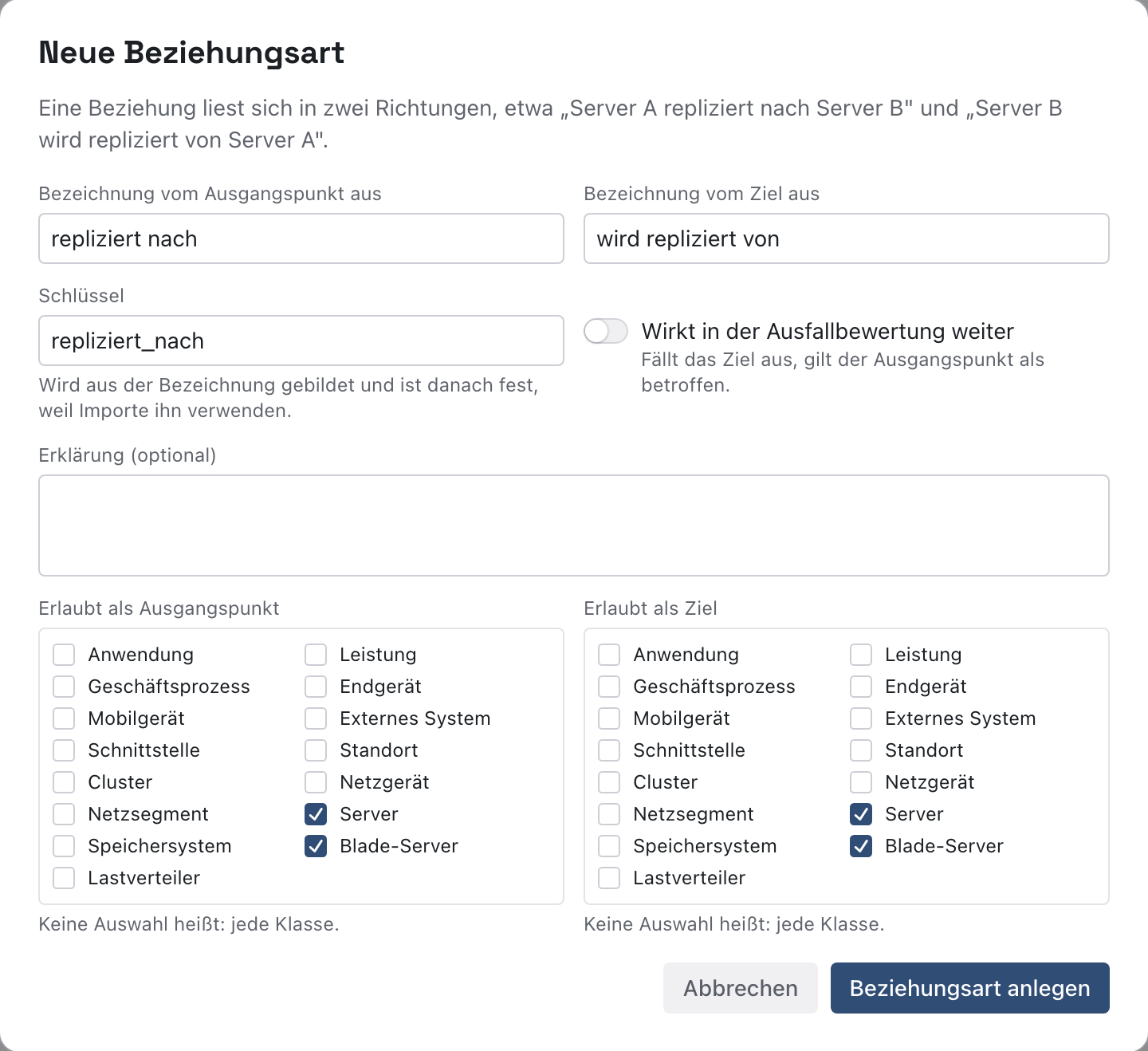 Dialog Neue Beziehungsart mit beiden Bezeichnungen, ausgeschaltetem Schalter und den Klassen Server und Blade-Server