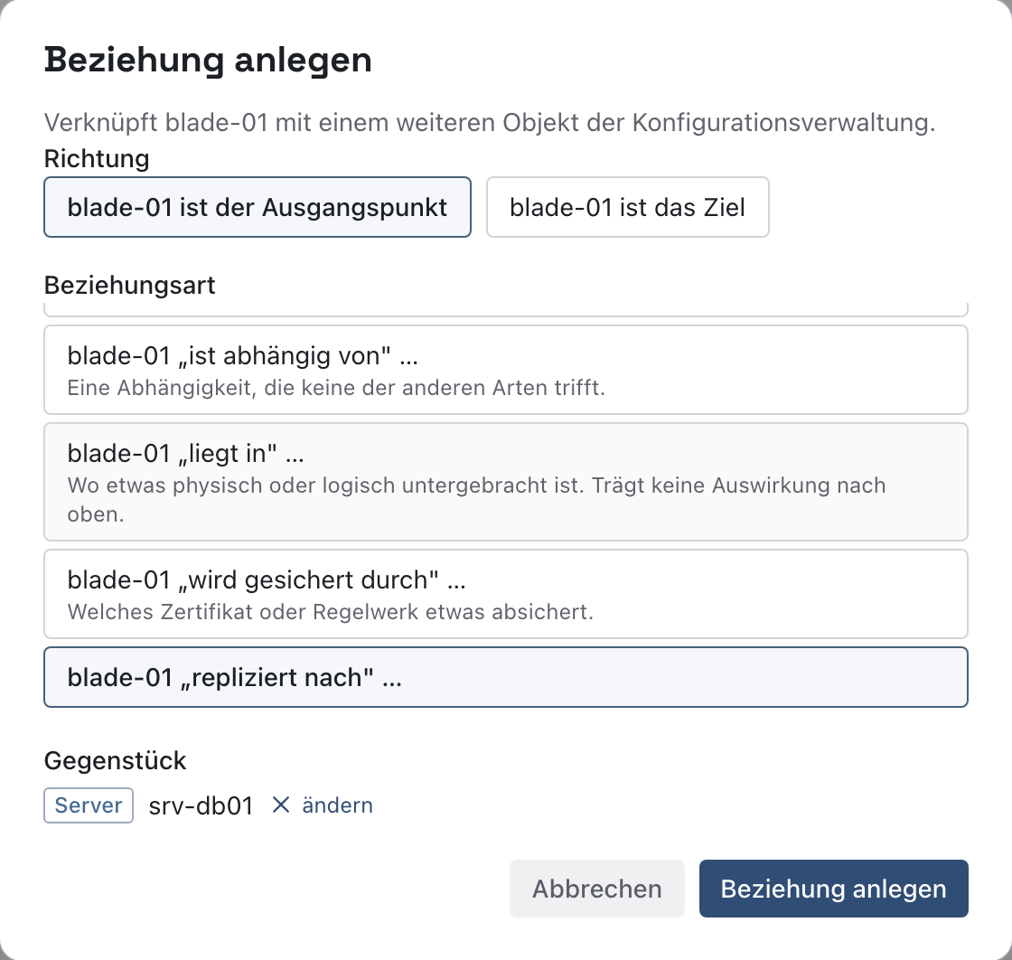 Dialog Beziehung anlegen mit Richtung, Beziehungsart und Gegenstück