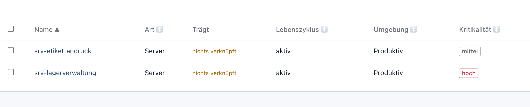 Bestand in der Vorschau als Lagerteam mit nur zwei Servern: srv-etikettendruck mit Kritikalität mittel und srv-lagerverwaltung mit Kritikalität hoch