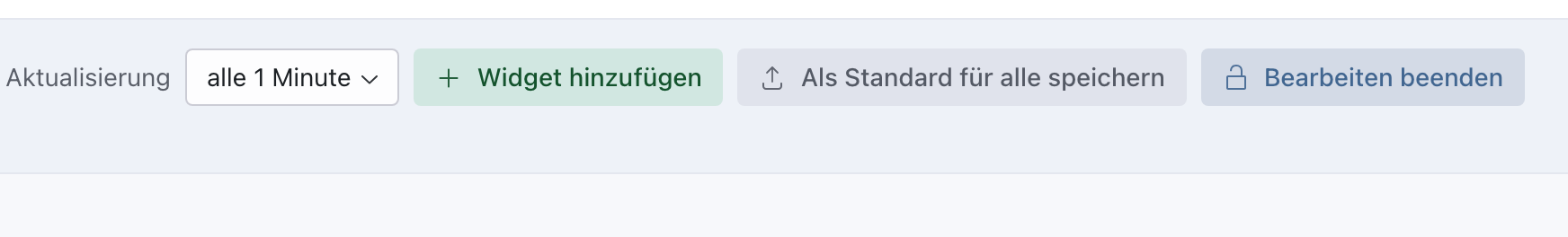 Kopf der Startseite im Bearbeitungsmodus mit Aktualisierung, Widget hinzufügen, Als Standard für alle speichern und Bearbeiten beenden