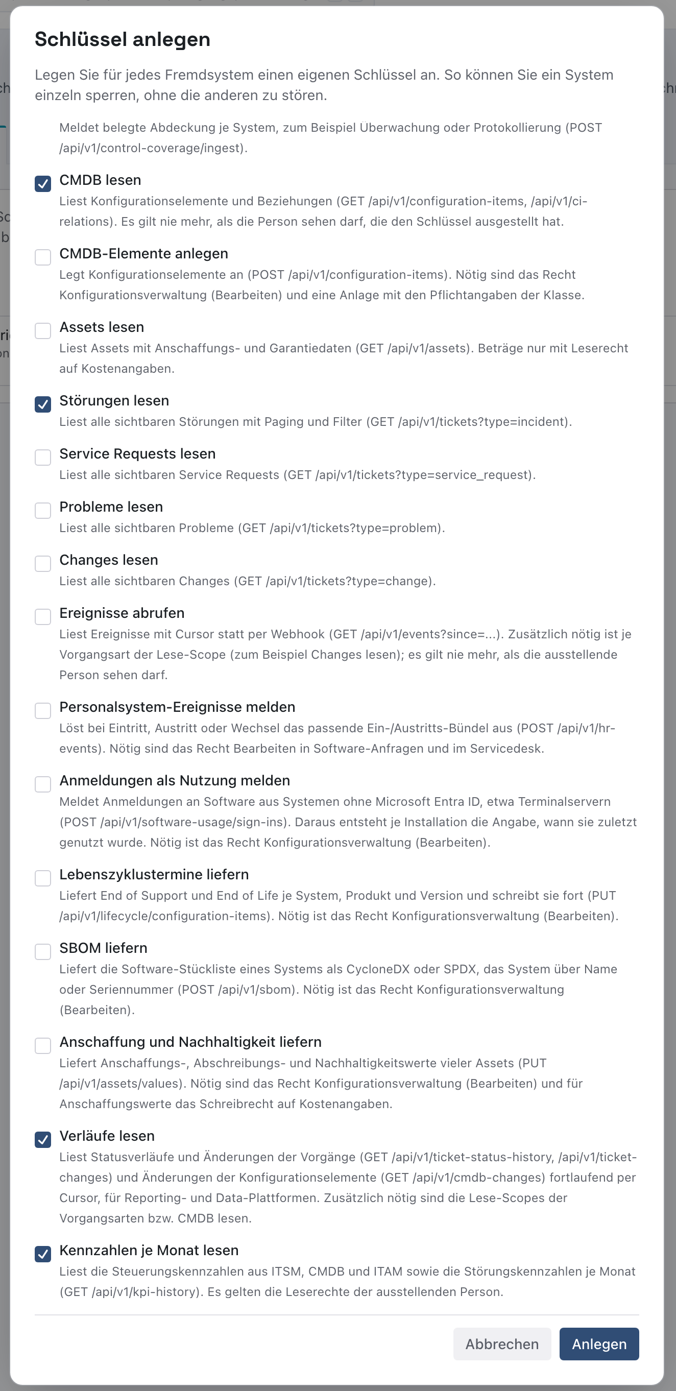 Dialog Schlüssel anlegen mit angehakten Berechtigungen CMDB lesen, Störungen lesen, Verläufe lesen und Kennzahlen je Monat lesen