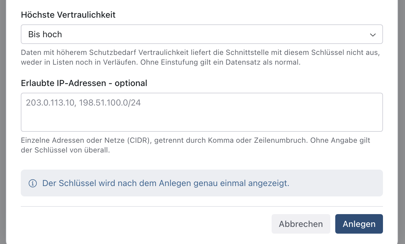 Feld Höchste Vertraulichkeit mit Bis hoch, darunter der Hinweis zur Wirkung, das Feld Erlaubte IP-Adressen und der Knopf Anlegen