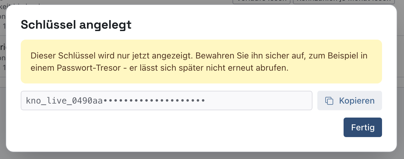 Dialog Schlüssel angelegt mit dem Warnhinweis, dem verdeckten Schlüssel und den Knöpfen Kopieren und Fertig