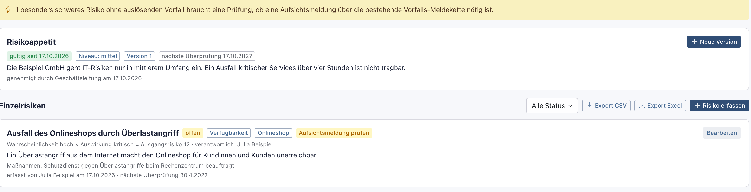 Gelber Hinweis 1 besonders schweres Risiko ohne auslösenden Vorfall braucht eine Prüfung, darunter die Karte des Risikos mit den Zeichen offen, Verfügbarkeit, Onlineshop und Aufsichtsmeldung prüfen, Ausgangsrisiko 12 und dem Knopf Bearbeiten