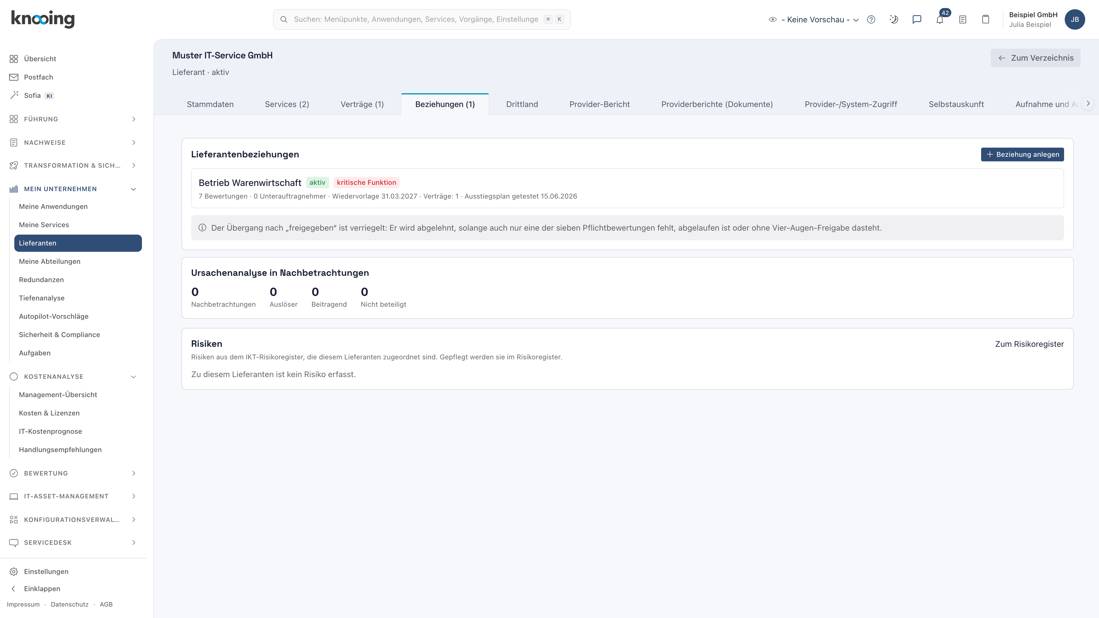 Seite der Muster IT-Service GmbH, Reiter Beziehungen mit der Beziehung Betrieb Warenwirtschaft, Zeichen aktiv und kritische Funktion, 0 Unterauftragnehmer