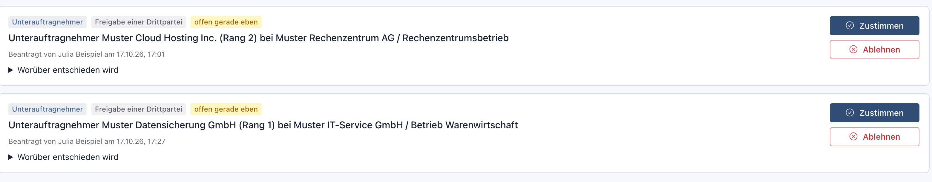 Seite Freigaben, Reiter offen, mit zwei Anträgen zu Unterauftragnehmern; beim Antrag zur Muster Datensicherung GmbH die Knöpfe Zustimmen und Ablehnen