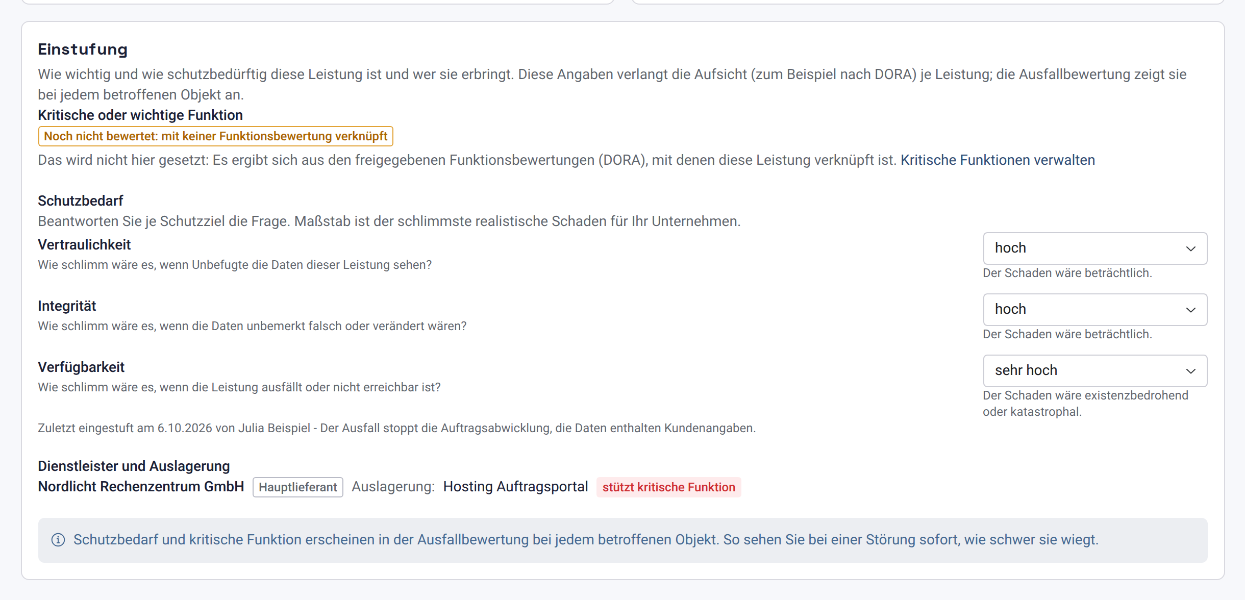 Abschnitt Einstufung mit Dienstleister Nordlicht Rechenzentrum GmbH, Hauptlieferant, Auslagerung Hosting Auftragsportal und dem Zusatz stützt kritische Funktion