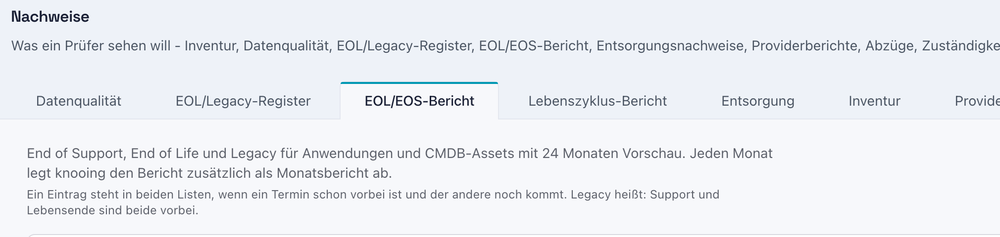 Seite Nachweise mit dem gewählten Reiter EOL/EOS-Bericht