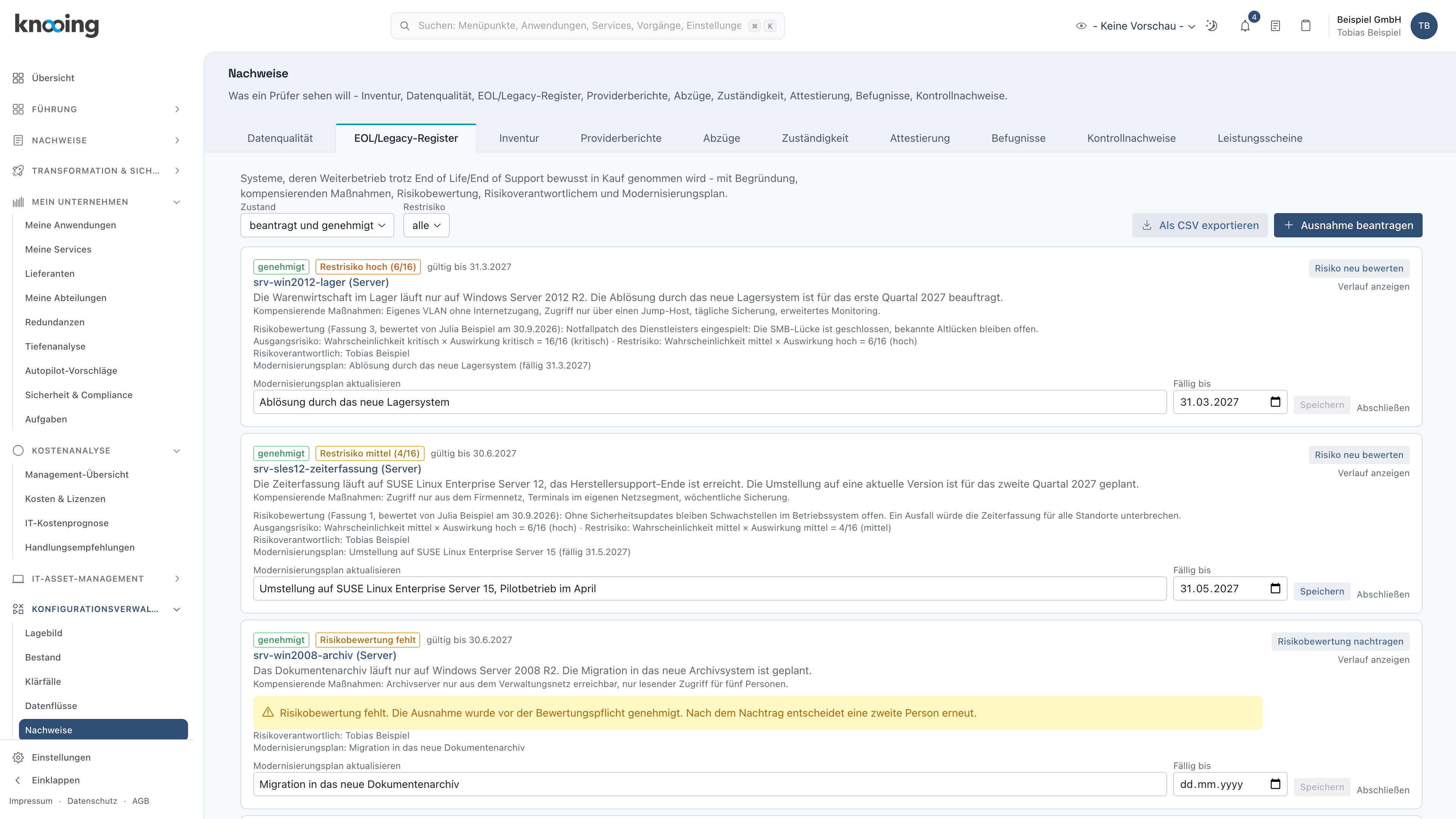 Modernisierungsplan einer genehmigten Ausnahme bearbeiten