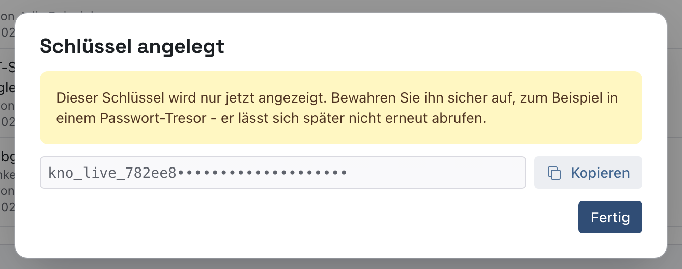 Dialog Schlüssel angelegt mit dem verdeckten Schlüssel und dem Knopf Kopieren