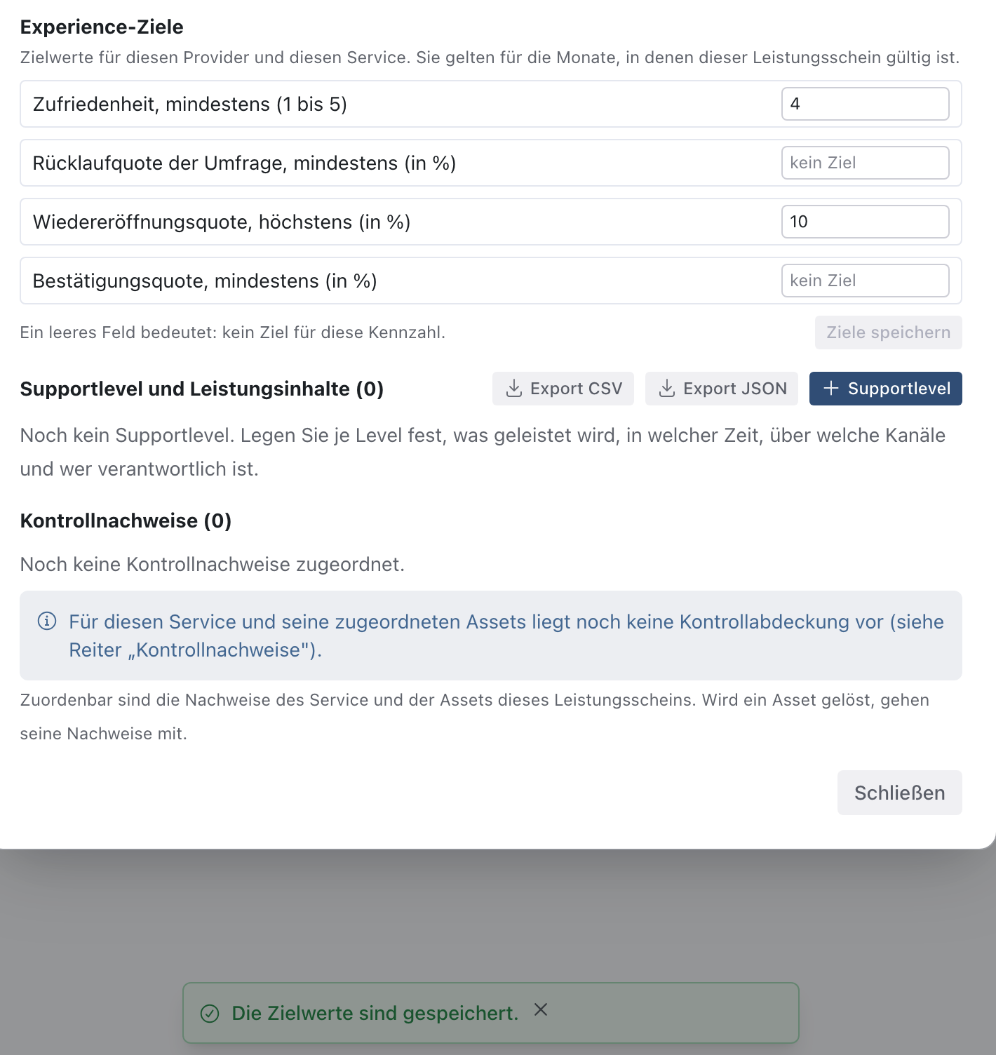 Gespeicherte Experience-Ziele im Leistungsschein und die Meldung Die Zielwerte sind gespeichert.