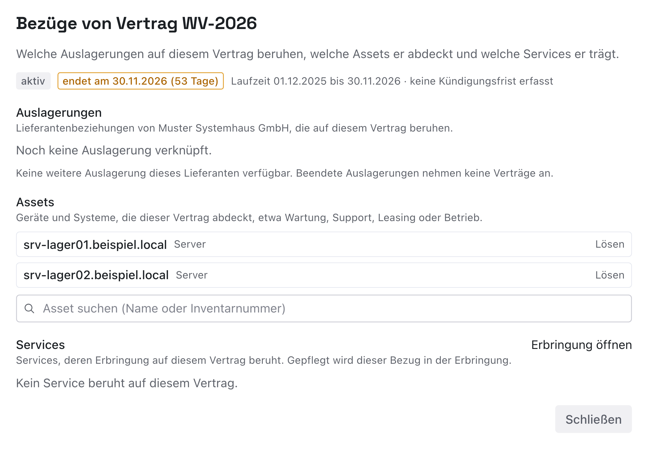 Dialog Bezüge von Vertrag WV-2026: aktiv, endet am 30.11.2026, Laufzeit 01.12.2025 bis 30.11.2026; unter Assets die Server srv-lager01.beispiel.local und srv-lager02.beispiel.local, je mit Lösen, darunter das Suchfeld