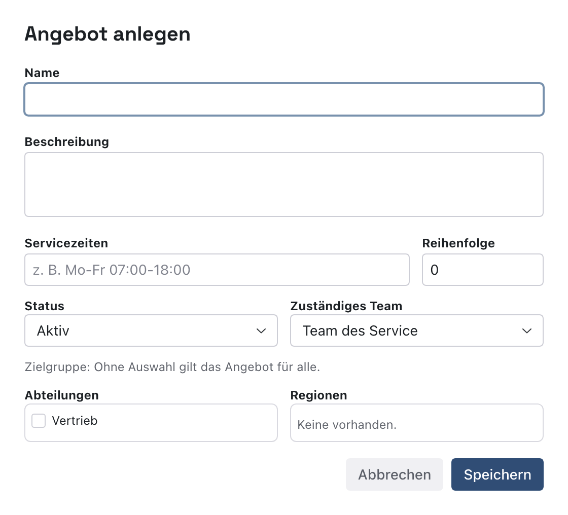 Dialog Angebot anlegen
