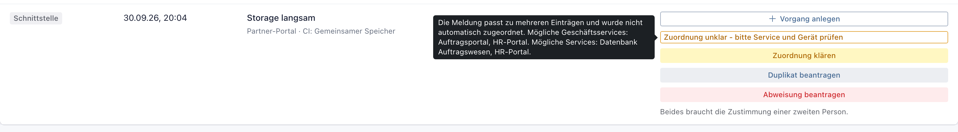Eingangsprotokoll, Reiter Ausnahmen, Zeile mit Abzeichen Zuordnung unklar und Tooltip
