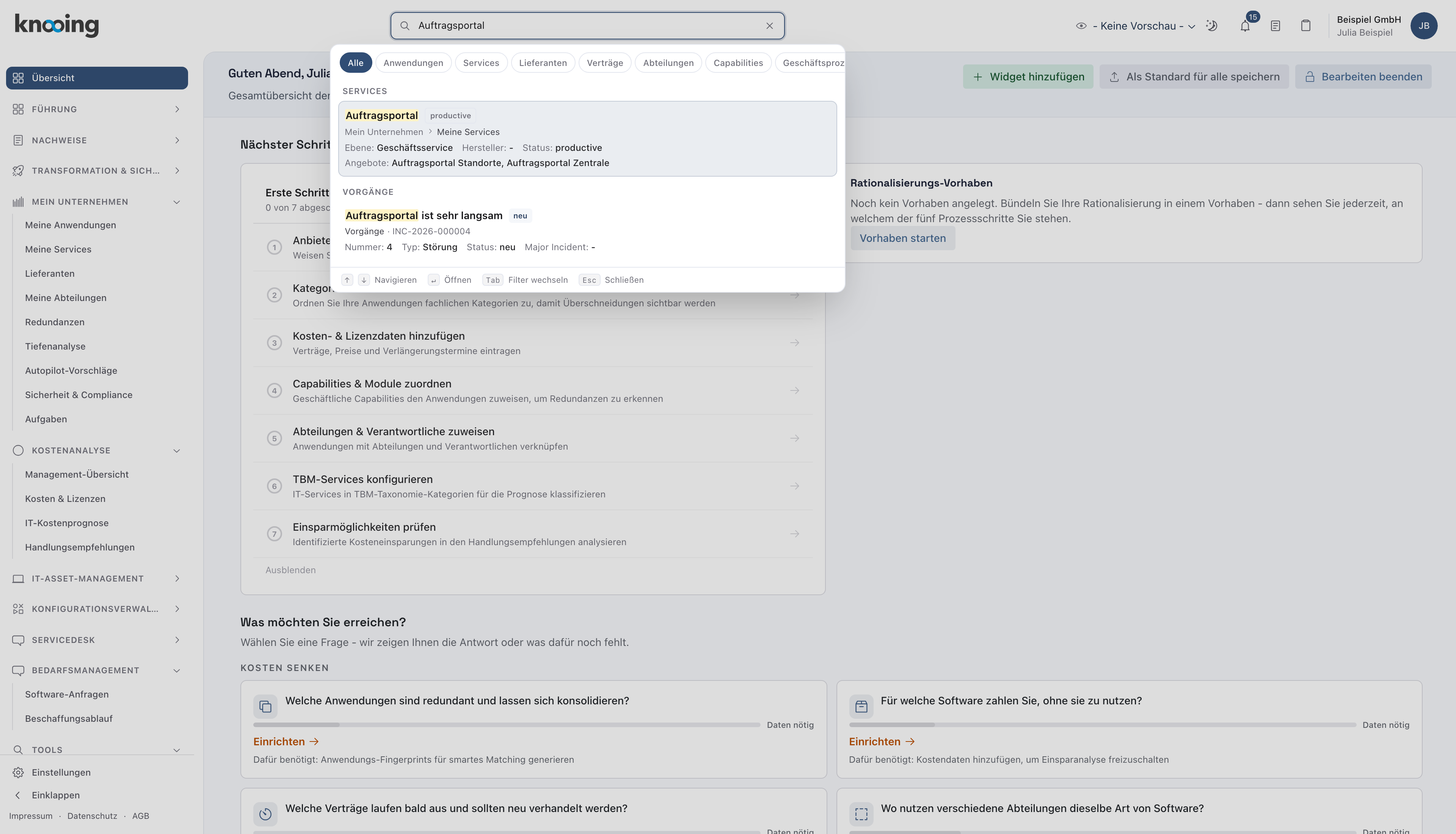 Globale Suche mit Service-Treffer Auftragsportal und Angeboten