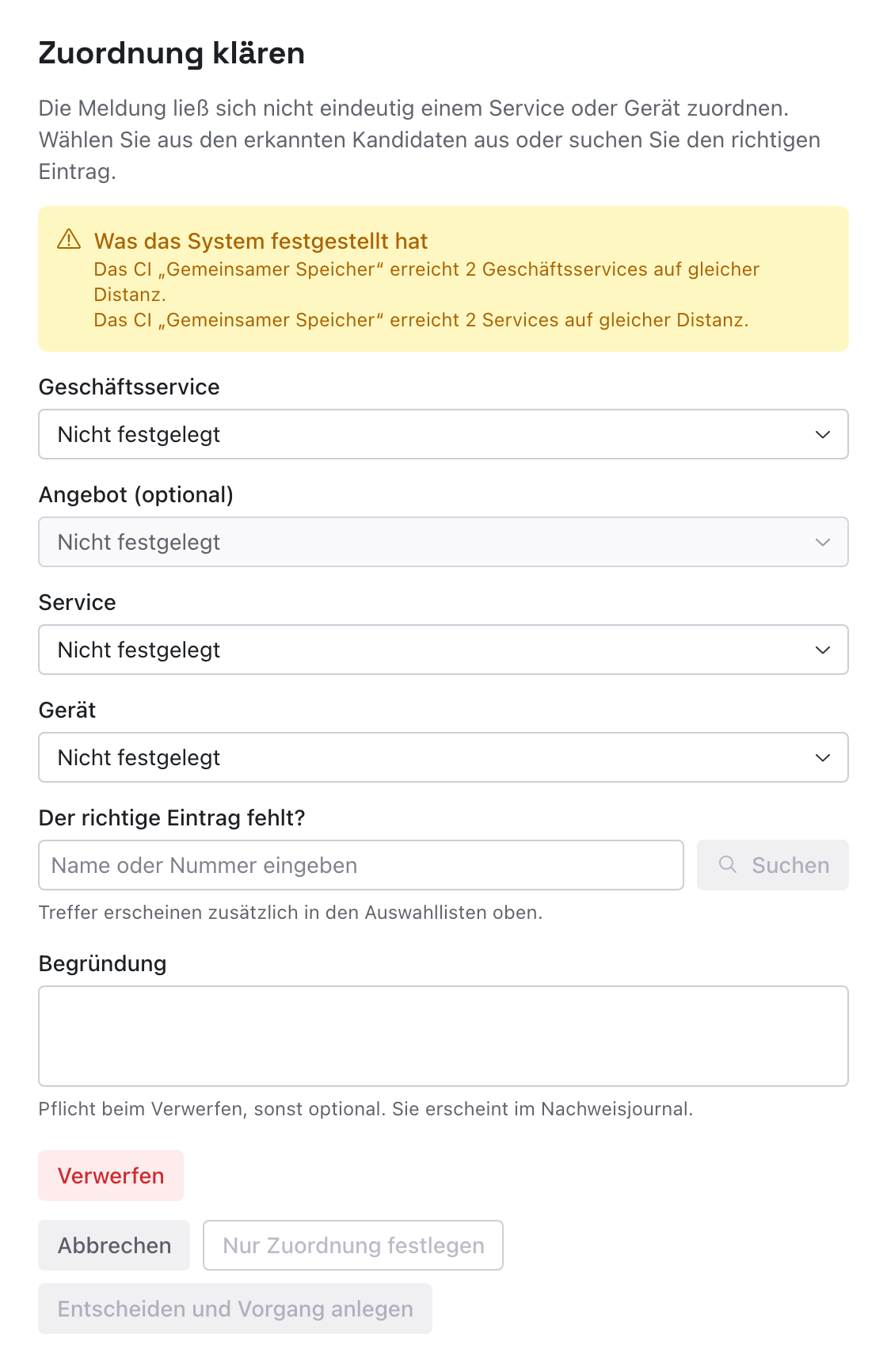 Dialog Zuordnung klären mit Befunden und leeren Auswahllisten