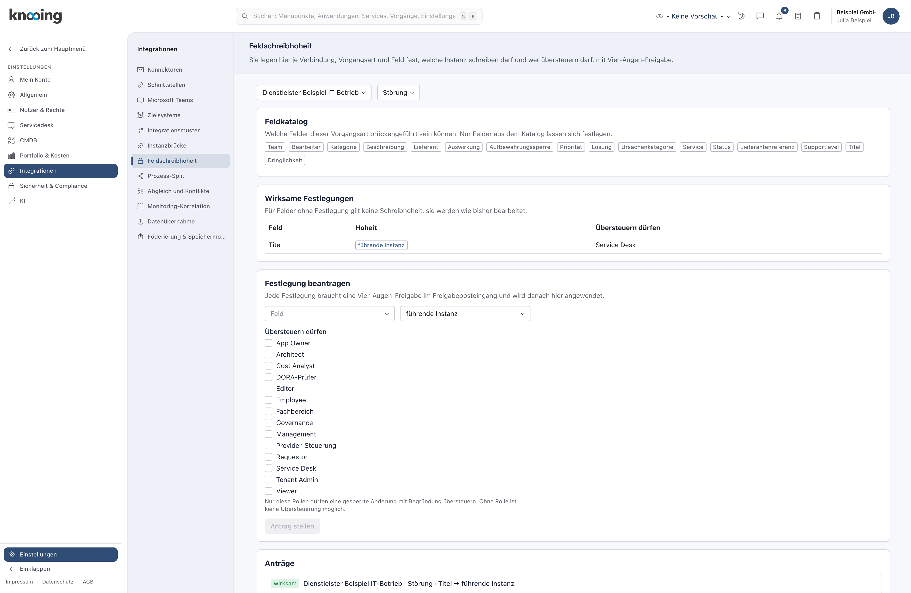 Wirksame Festlegungen mit dem Feld Titel, der Hoheit führende Instanz und der Rolle Service Desk