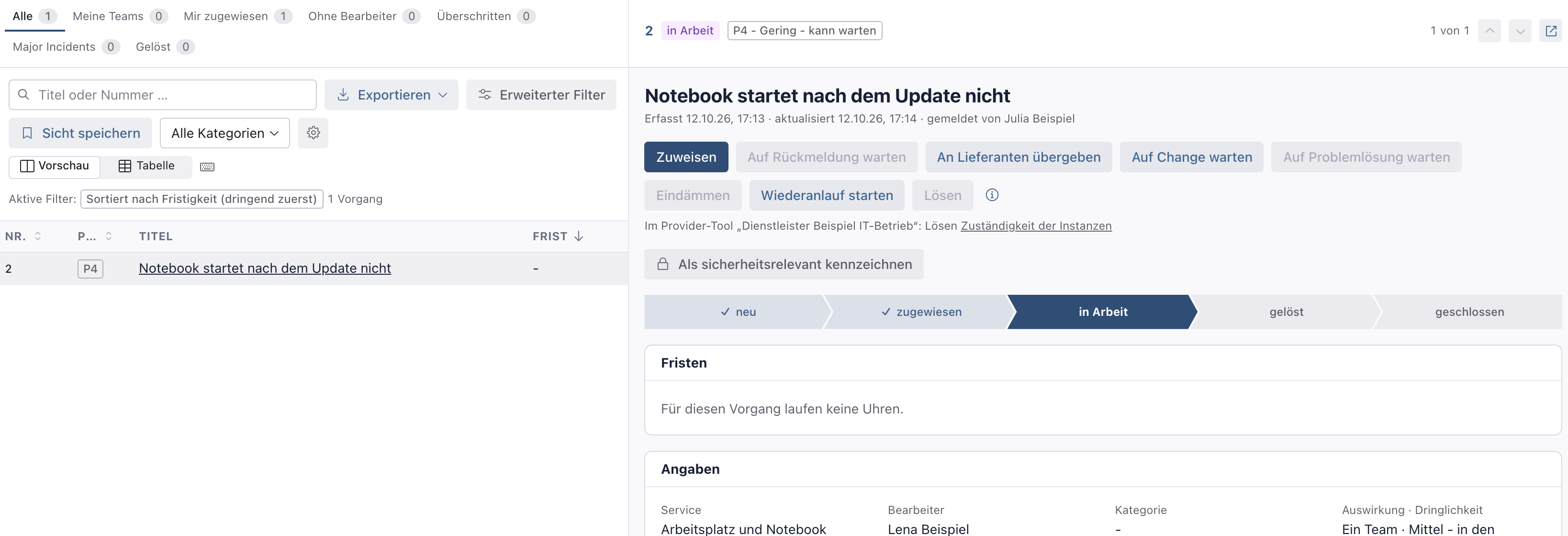 Störungsliste mit dem Vorgang Notebook startet nach dem Update nicht und der Vorschau mit der Zeile Im Provider-Tool Dienstleister Beispiel IT-Betrieb: Lösen
