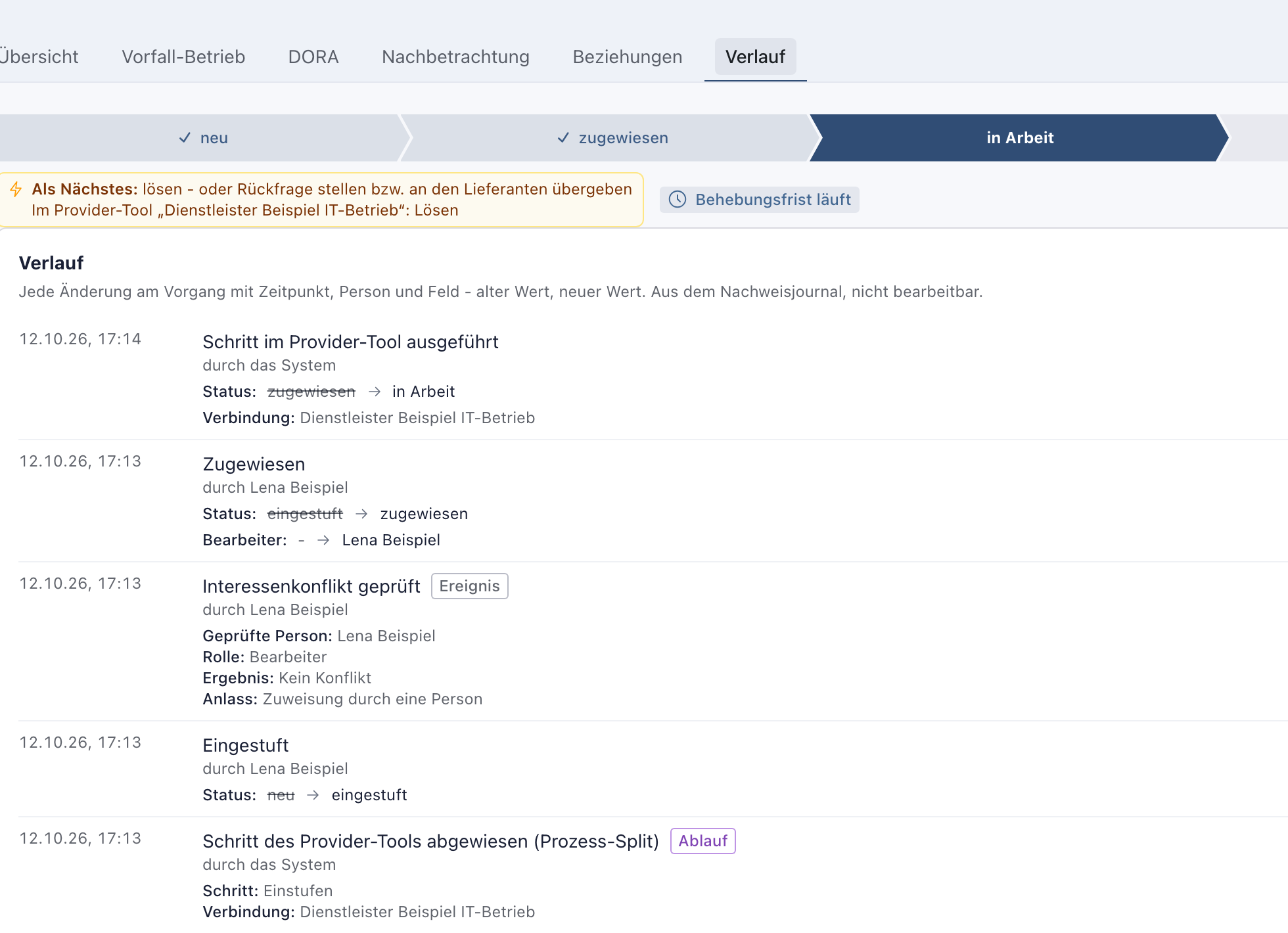 Reiter Verlauf mit den Einträgen Schritt im Provider-Tool ausgeführt und Schritt des Provider-Tools abgewiesen, Schritt Einstufen