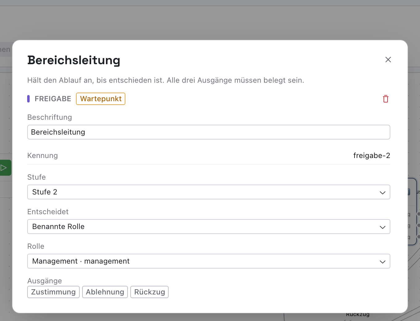 Dialog eines Freigabe-Knotens mit Stufe 2 und der benannten Rolle Management