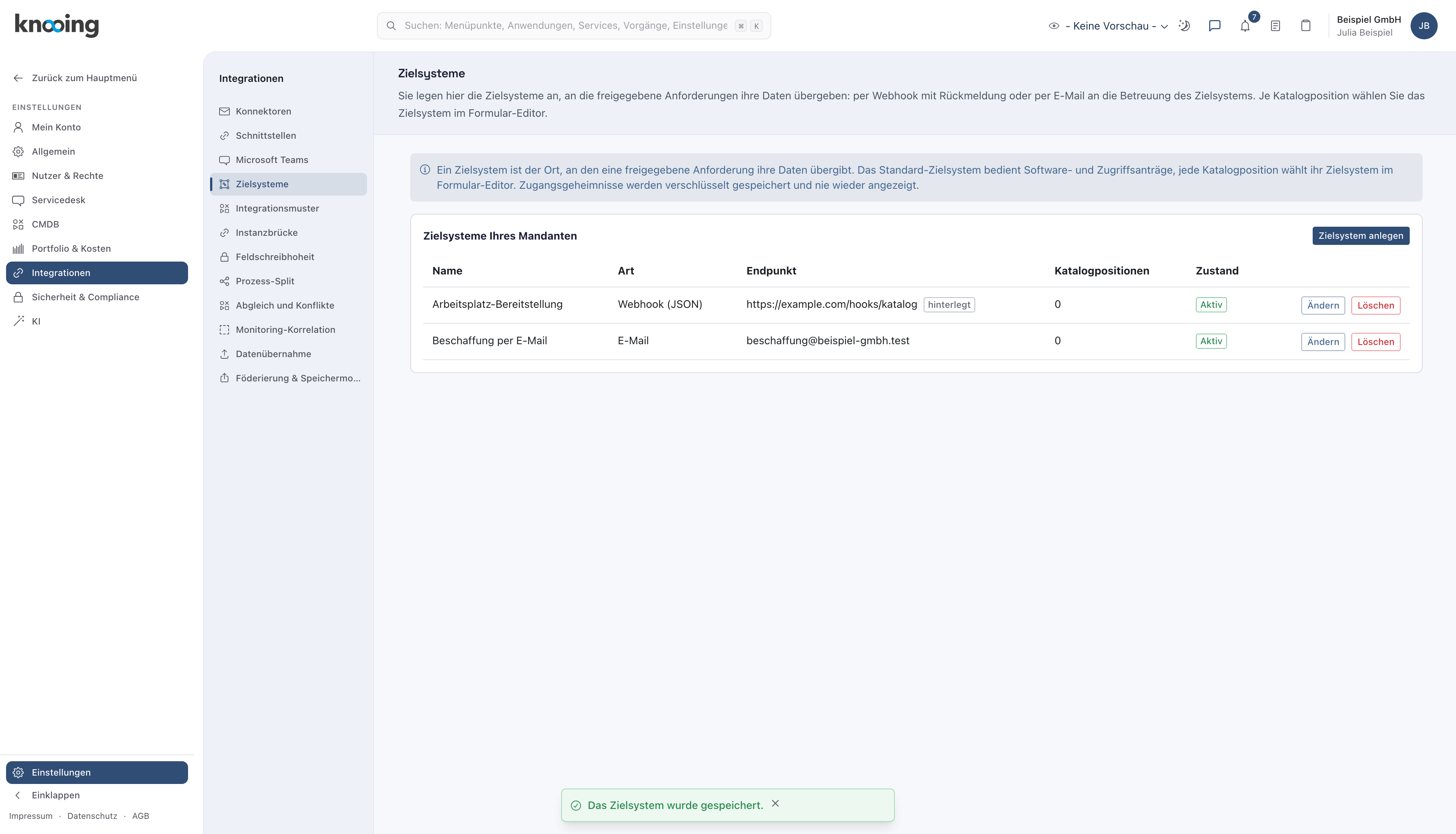 Liste Zielsysteme Ihres Mandanten mit einem Webhook und einem E-Mail-Ziel