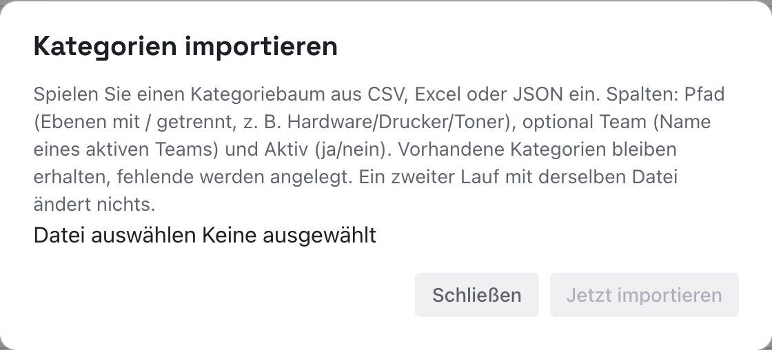 Dialog Kategorien importieren mit Erklärtext und Dateifeld