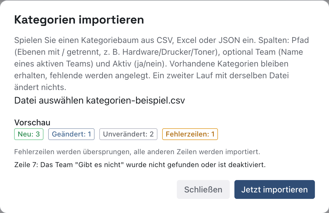 Import-Dialog mit Vorschau: Neu 3, Geändert 1, Unverändert 2, Fehlerzeilen 1 und einer Fehlermeldung zu Zeile 7
