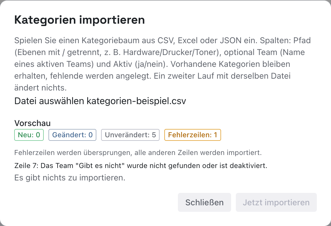 Import-Dialog beim zweiten Lauf: Neu 0, Geändert 0, Unverändert 5 und der Hinweis Es gibt nichts zu importieren