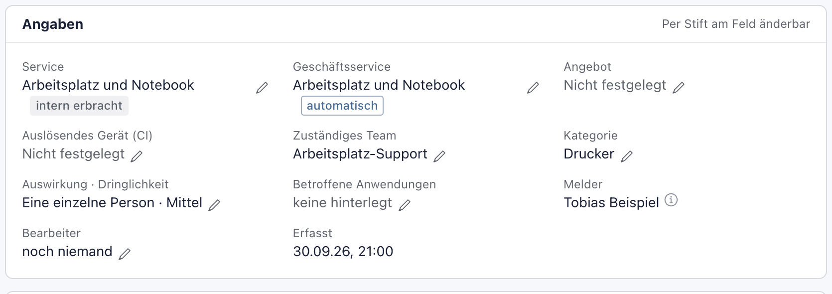Kasten Angaben mit der geänderten Kategorie Drucker und dem unveränderten Zuständigen Team Arbeitsplatz-Support
