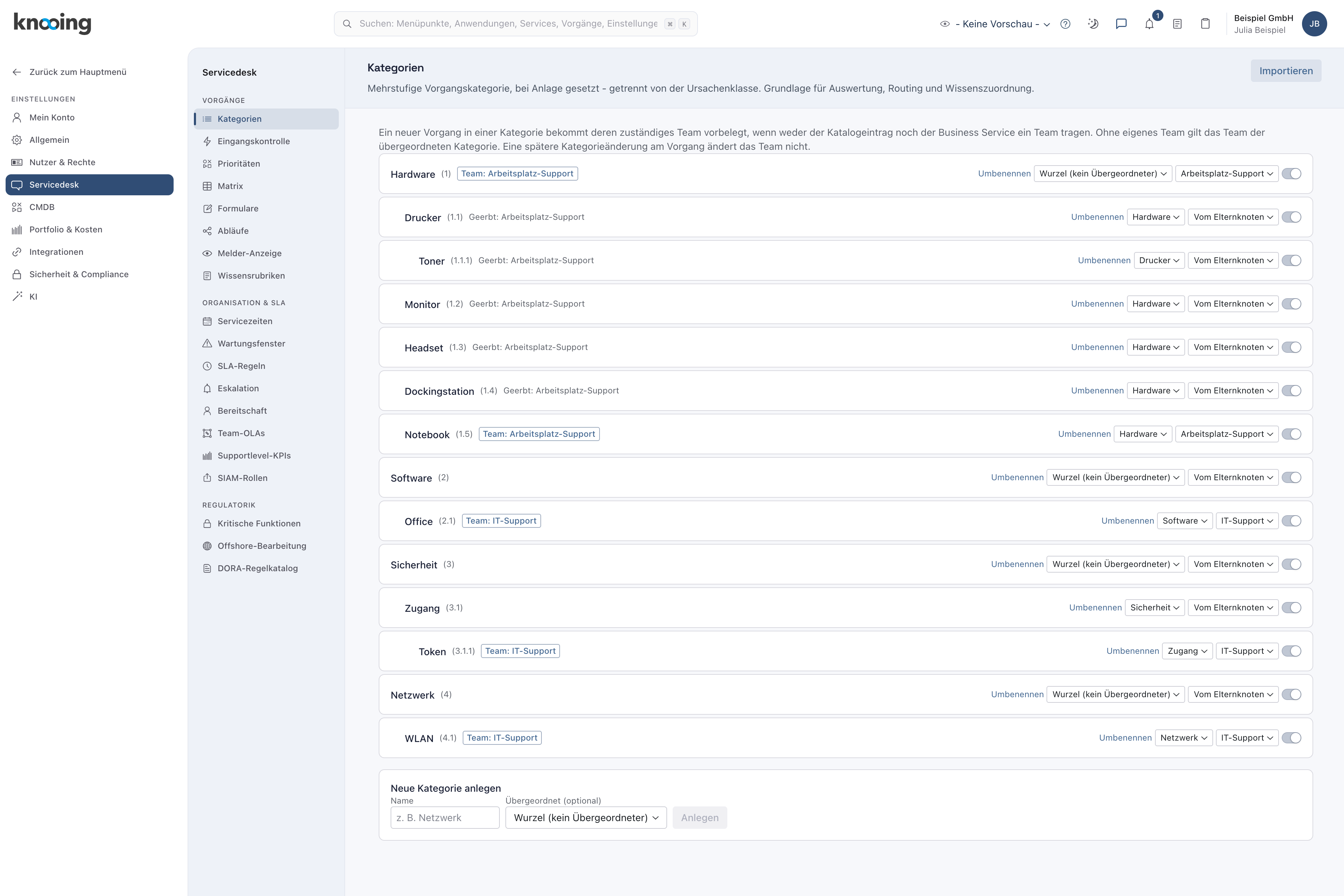 Die Seite Kategorien in den Servicedesk-Einstellungen mit dem Kategoriebaum, dem Erklärsatz und dem Block Neue Kategorie anlegen