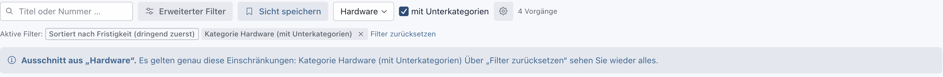 Vorgangsliste mit dem Kategoriefilter Hardware, dem Kontrollkästchen mit Unterkategorien und dem Hinweis Ausschnitt aus Hardware