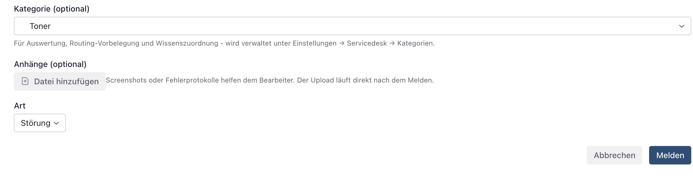 Unterer Teil der Maske Störung melden mit der gewählten Kategorie Toner, dem Hinweis zur Verwaltung und dem Knopf Melden