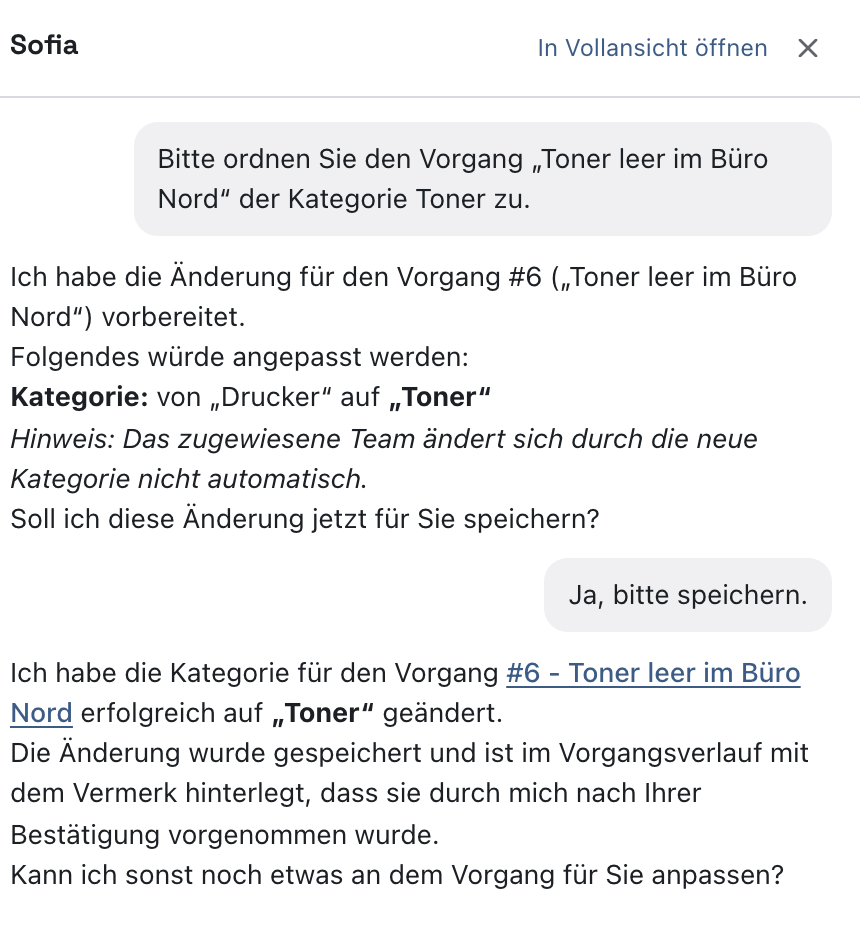 Sofia-Chat mit der vorbereiteten Änderung der Kategorie, dem Hinweis zum unveränderten Team und der Bestätigung