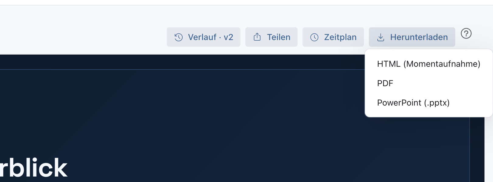 Menü Herunterladen mit HTML (Momentaufnahme), PDF und PowerPoint (.pptx)